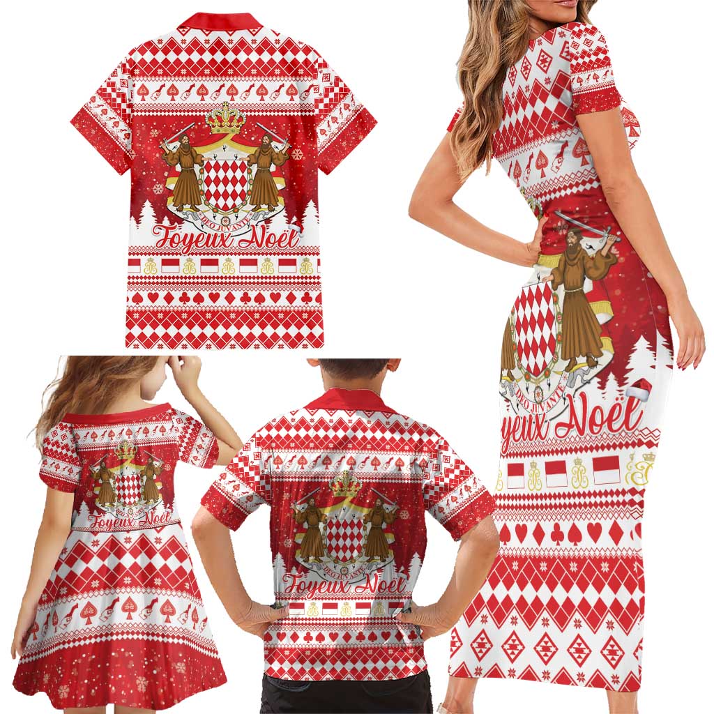 Monaco Christmas Family Matching Short Sleeve Bodycon Dress and Hawaiian Shirt Joyeux Noel Coat Of Arms - Wonder Print Shop