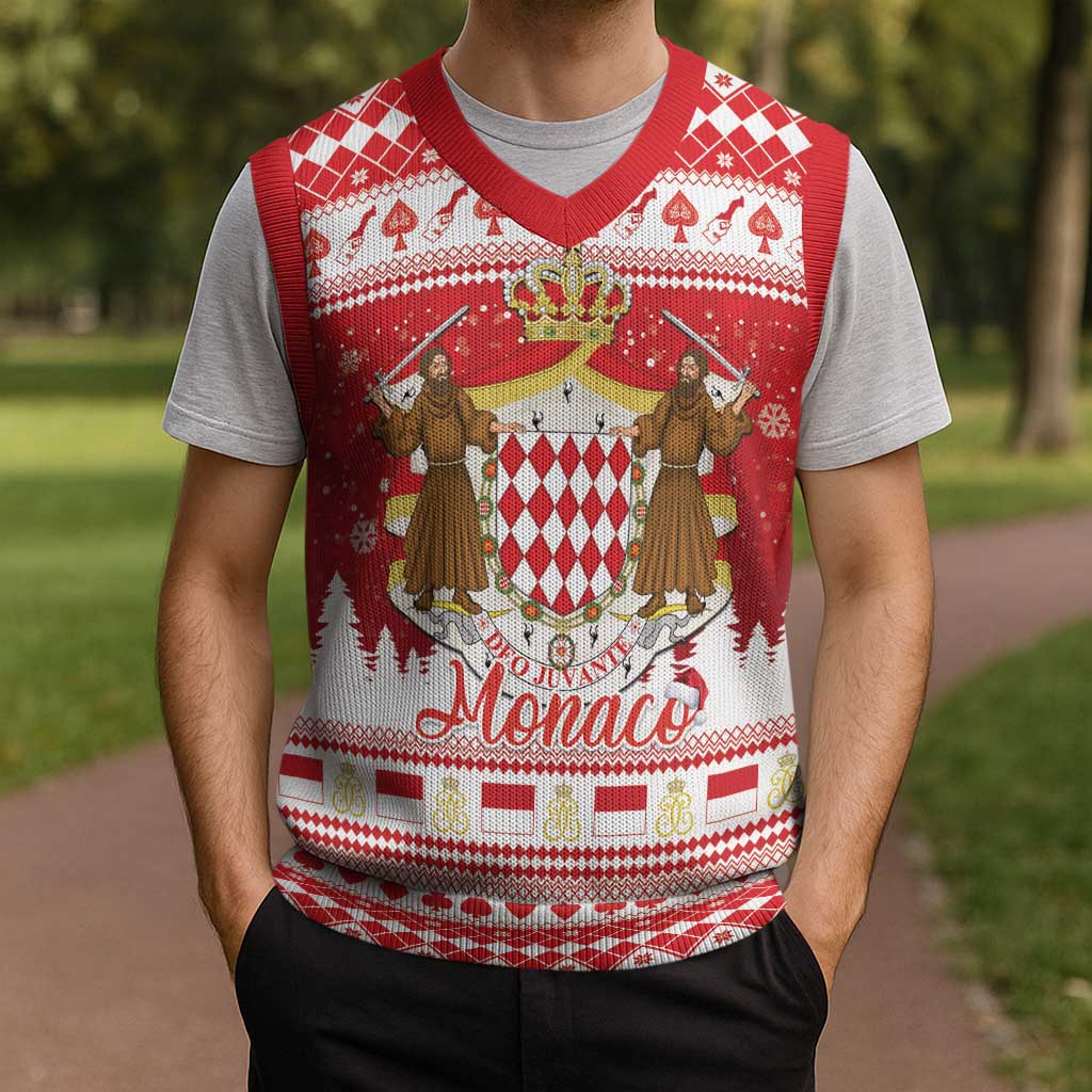 Monaco Christmas Knitted V-Neck Vest Joyeux Noel Coat Of Arms - Wonder Print Shop