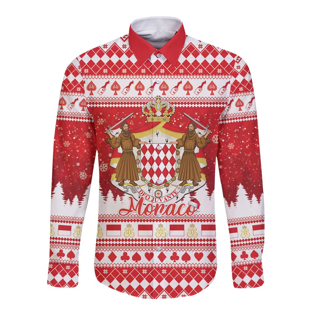 Monaco Christmas Long Sleeve Button Shirt Joyeux Noel Coat Of Arms - Wonder Print Shop
