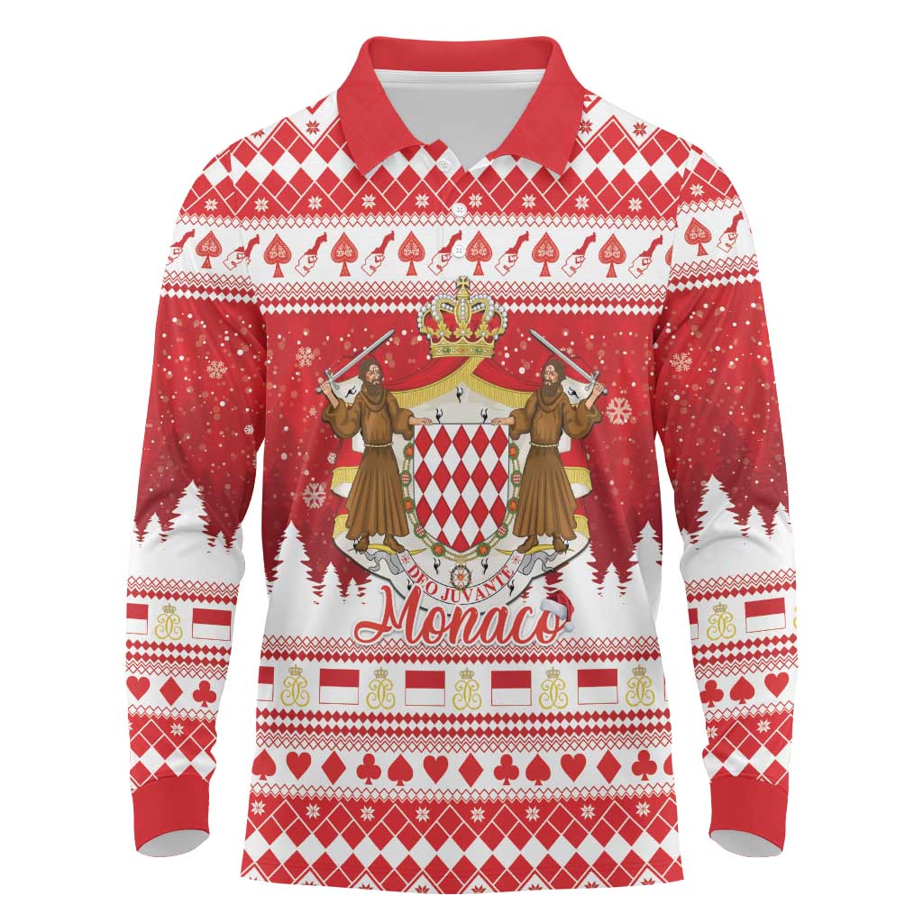 Monaco Christmas Long Sleeve Polo Shirt Joyeux Noel Coat Of Arms - Wonder Print Shop