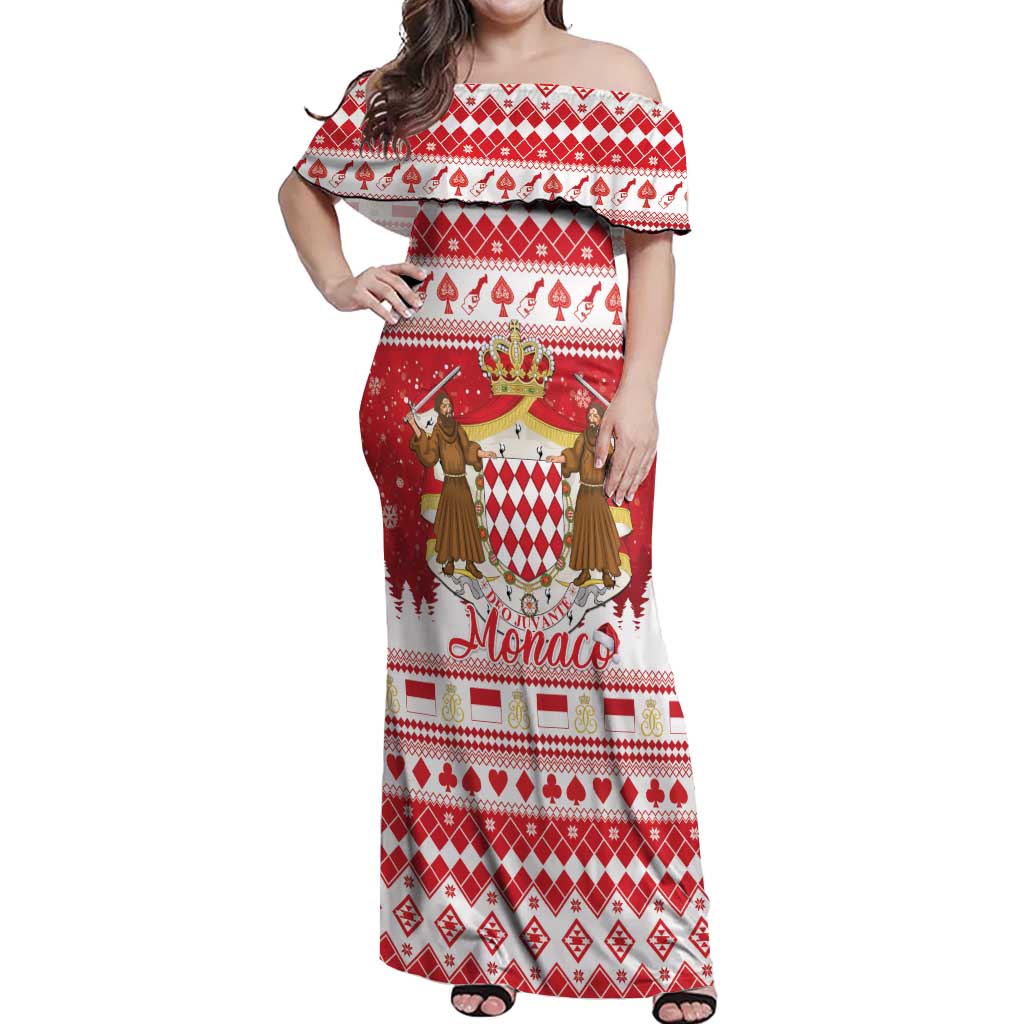 Monaco Christmas Off Shoulder Maxi Dress Joyeux Noel Coat Of Arms - Wonder Print Shop