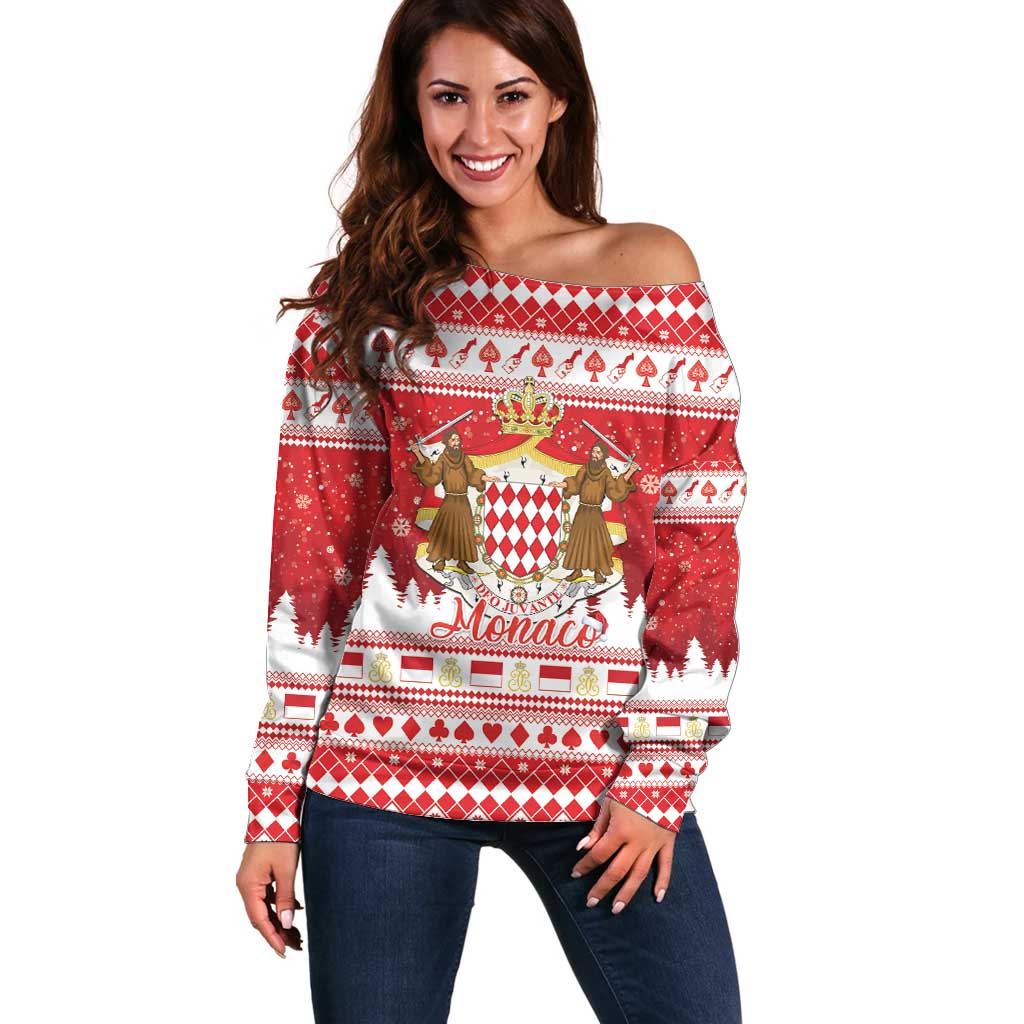 Monaco Christmas Off Shoulder Sweater Joyeux Noel Coat Of Arms - Wonder Print Shop
