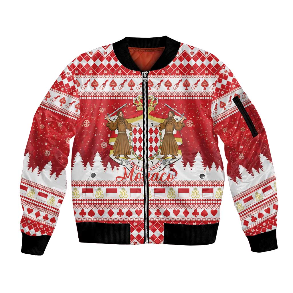 Monaco Christmas Sleeve Zip Bomber Jacket Joyeux Noel Coat Of Arms - Wonder Print Shop