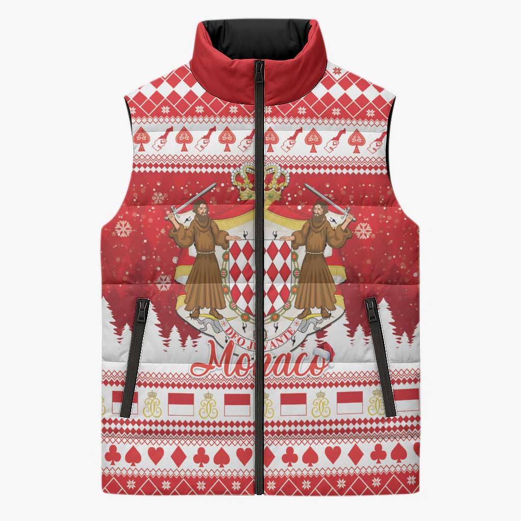 Monaco Christmas Sleeveless Puffer Jacket Joyeux Noel Coat Of Arms - Wonder Print Shop