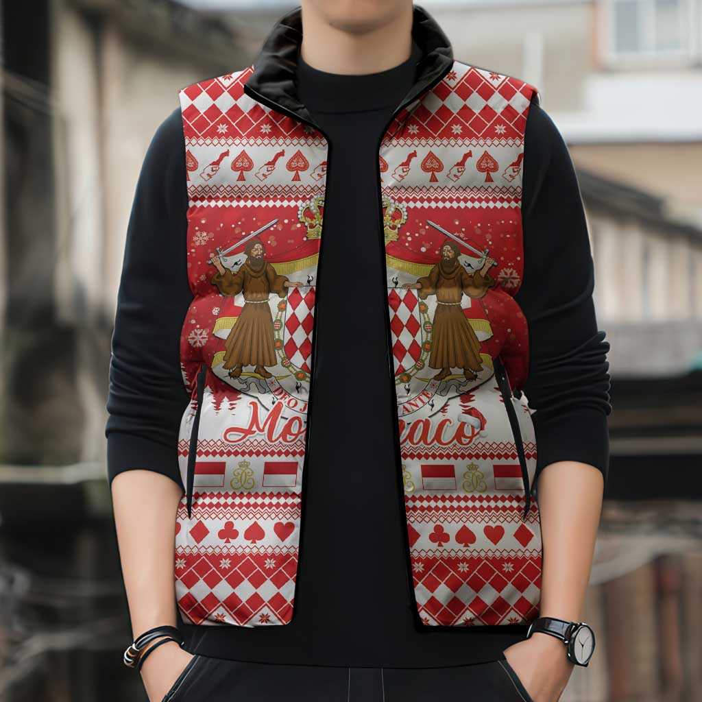 Monaco Christmas Sleeveless Puffer Jacket Joyeux Noel Coat Of Arms - Wonder Print Shop