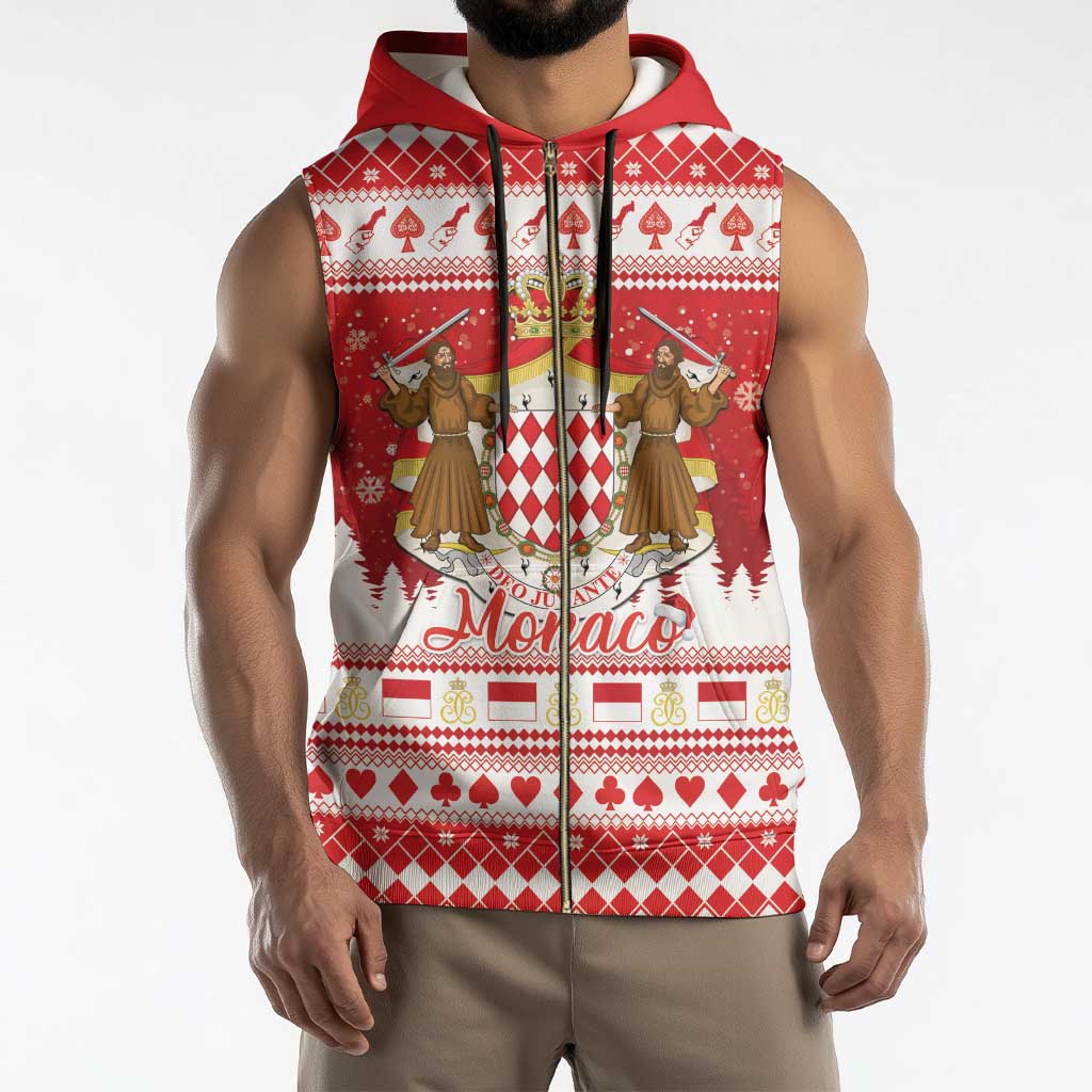 Monaco Christmas Sleeveless Zip Hoodie Joyeux Noel Coat Of Arms - Wonder Print Shop