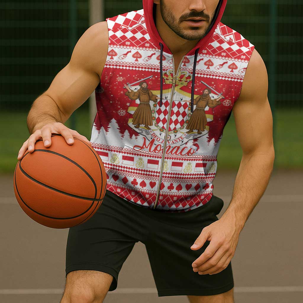 Monaco Christmas Sleeveless Zip Hoodie Joyeux Noel Coat Of Arms - Wonder Print Shop