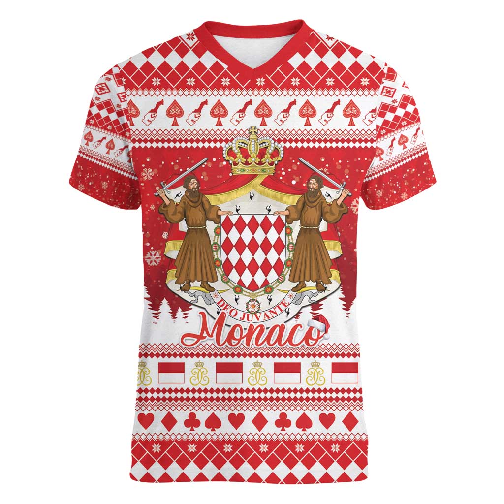 Monaco Christmas Women V-Neck T-Shirt Joyeux Noel Coat Of Arms - Wonder Print Shop