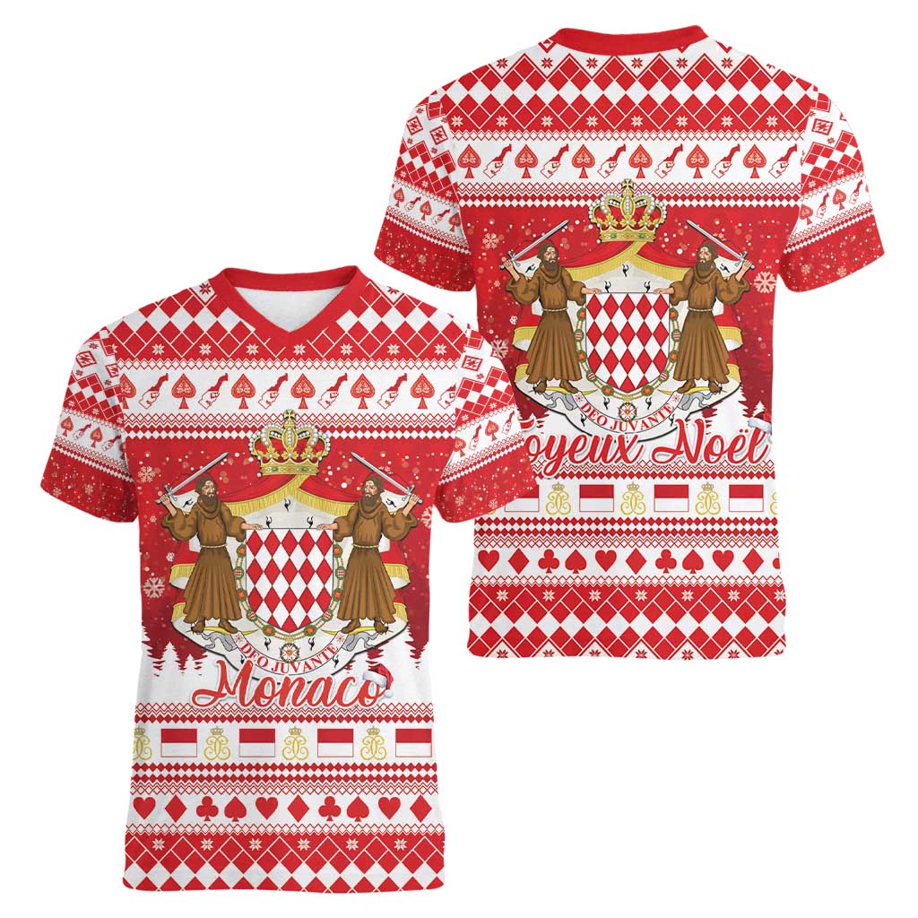 Monaco Christmas Women V-Neck T-Shirt Joyeux Noel Coat Of Arms - Wonder Print Shop