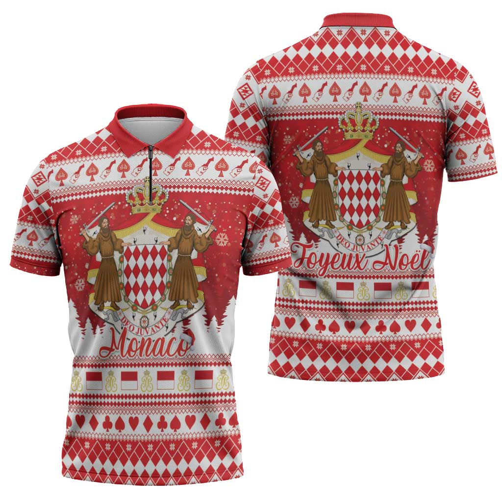 Monaco Christmas Zipper Polo Shirt Joyeux Noel Coat Of Arms - Wonder Print Shop