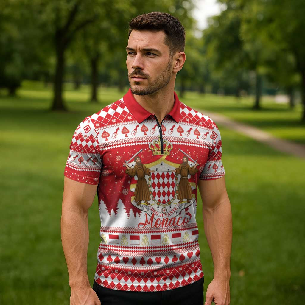 Monaco Christmas Zipper Polo Shirt Joyeux Noel Coat Of Arms - Wonder Print Shop