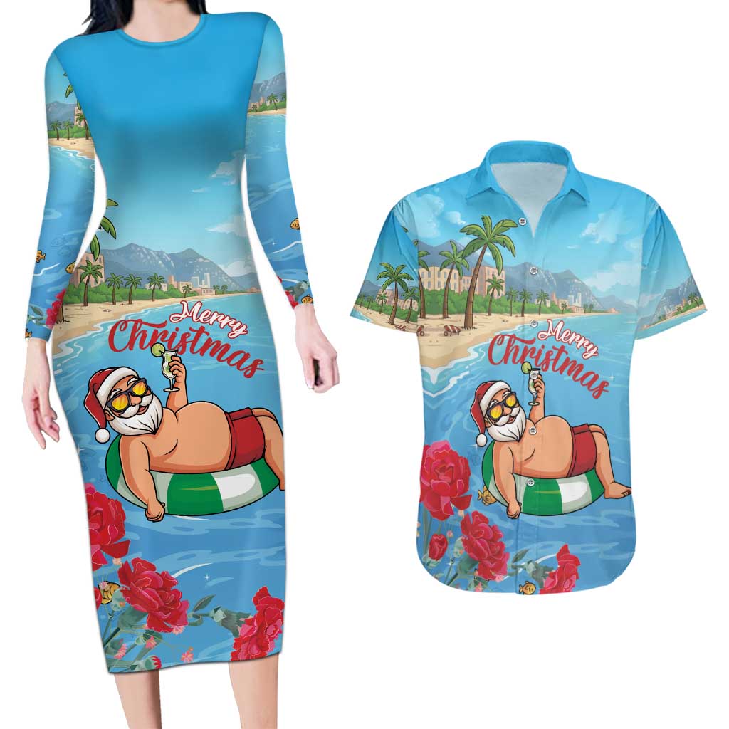Monaco Christmas Couples Matching Long Sleeve Bodycon Dress and Hawaiian Shirt Swimming Santa Claus - Wonder Print Shop