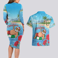 Monaco Christmas Couples Matching Long Sleeve Bodycon Dress and Hawaiian Shirt Swimming Santa Claus - Wonder Print Shop