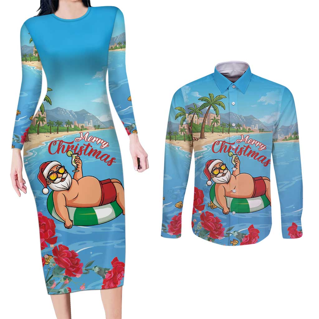Monaco Christmas Couples Matching Long Sleeve Bodycon Dress and Long Sleeve Button Shirt Swimming Santa Claus - Wonder Print Shop