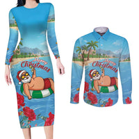Monaco Christmas Couples Matching Long Sleeve Bodycon Dress and Long Sleeve Button Shirt Swimming Santa Claus - Wonder Print Shop