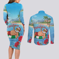 Monaco Christmas Couples Matching Long Sleeve Bodycon Dress and Long Sleeve Button Shirt Swimming Santa Claus - Wonder Print Shop