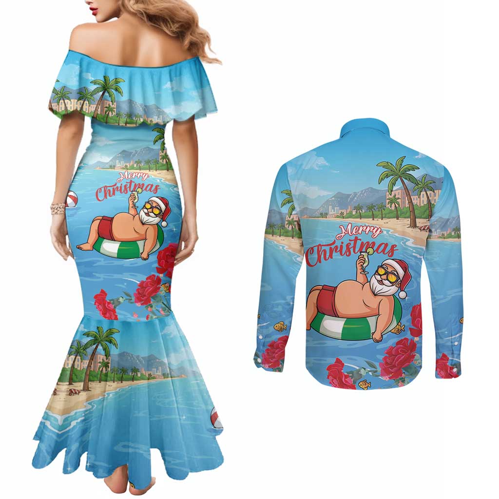 Monaco Christmas Couples Matching Mermaid Dress and Long Sleeve Button Shirt Swimming Santa Claus - Wonder Print Shop
