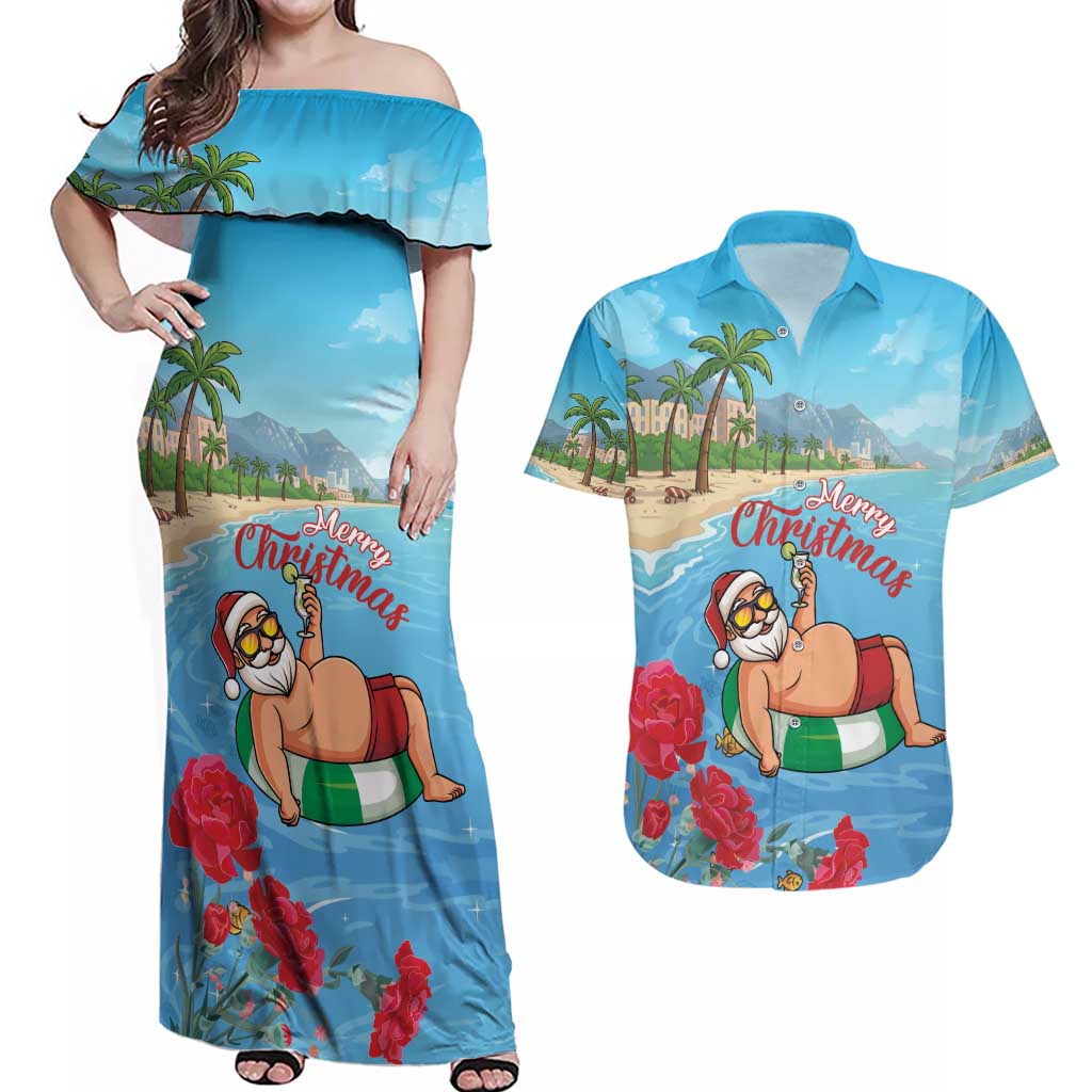 Monaco Christmas Couples Matching Off Shoulder Maxi Dress and Hawaiian Shirt Swimming Santa Claus - Wonder Print Shop
