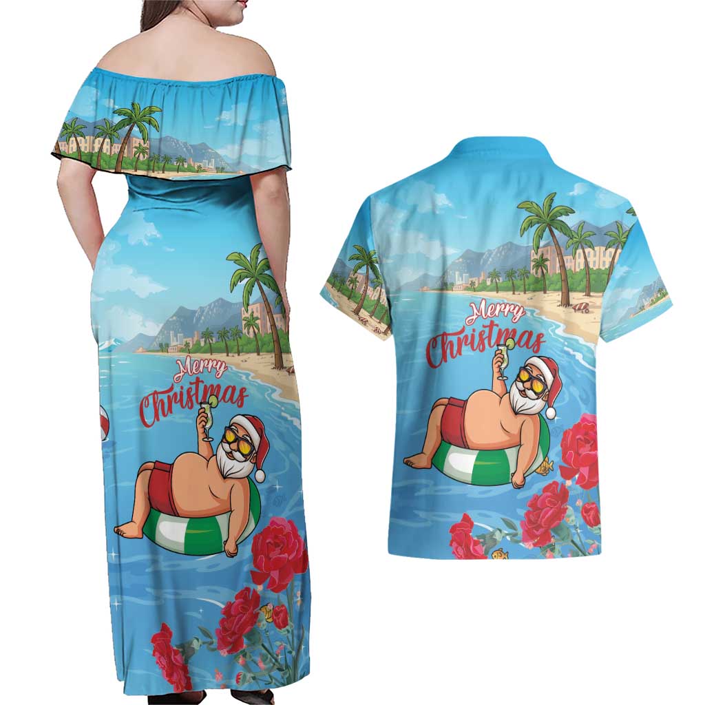 Monaco Christmas Couples Matching Off Shoulder Maxi Dress and Hawaiian Shirt Swimming Santa Claus - Wonder Print Shop