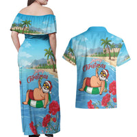 Monaco Christmas Couples Matching Off Shoulder Maxi Dress and Hawaiian Shirt Swimming Santa Claus - Wonder Print Shop