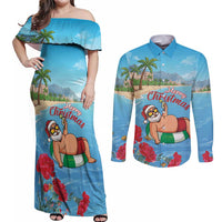 Monaco Christmas Couples Matching Off Shoulder Maxi Dress and Long Sleeve Button Shirt Swimming Santa Claus - Wonder Print Shop
