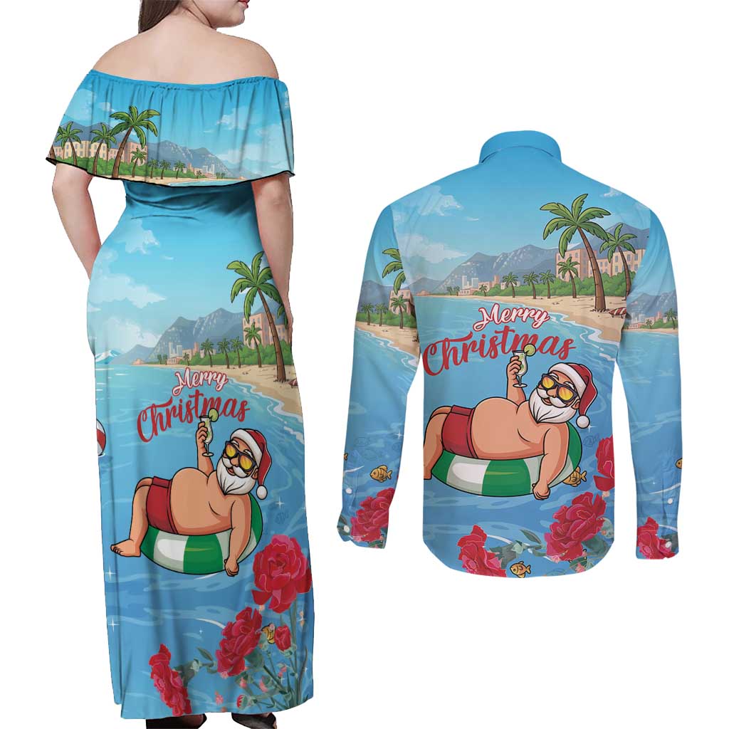 Monaco Christmas Couples Matching Off Shoulder Maxi Dress and Long Sleeve Button Shirt Swimming Santa Claus - Wonder Print Shop