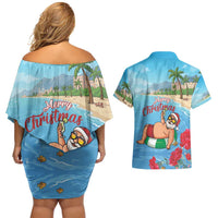 Monaco Christmas Couples Matching Off Shoulder Short Dress and Hawaiian Shirt Swimming Santa Claus - Wonder Print Shop