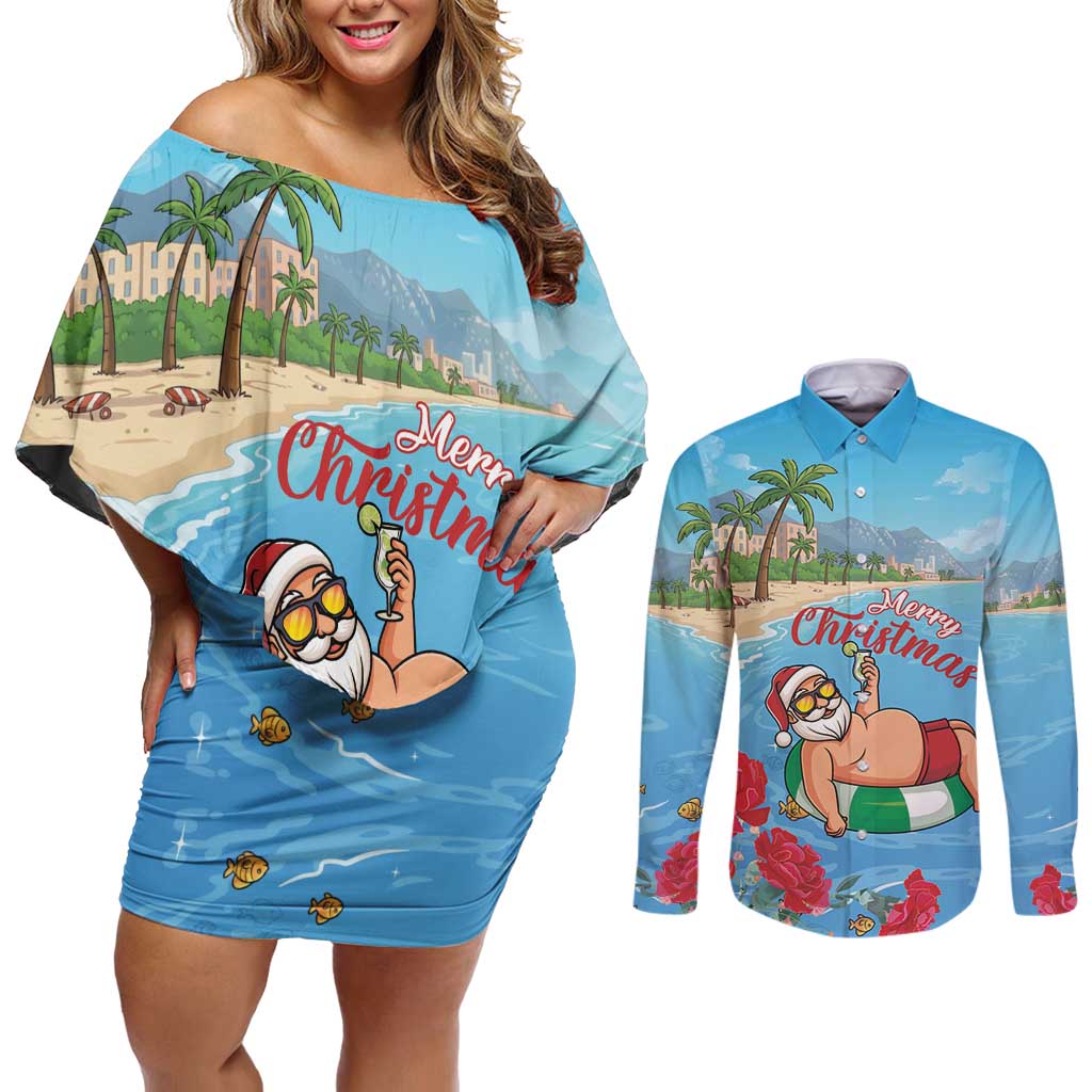 Monaco Christmas Couples Matching Off Shoulder Short Dress and Long Sleeve Button Shirt Swimming Santa Claus - Wonder Print Shop