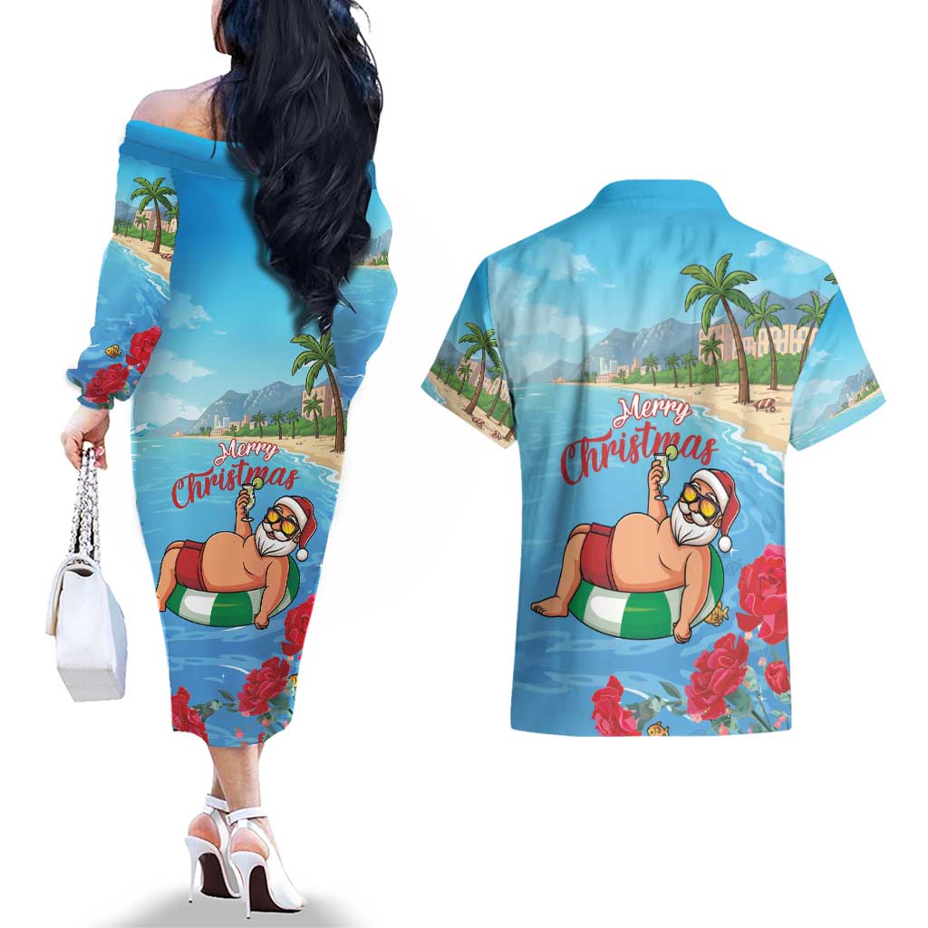Monaco Christmas Couples Matching Off The Shoulder Long Sleeve Dress and Hawaiian Shirt Swimming Santa Claus - Wonder Print Shop