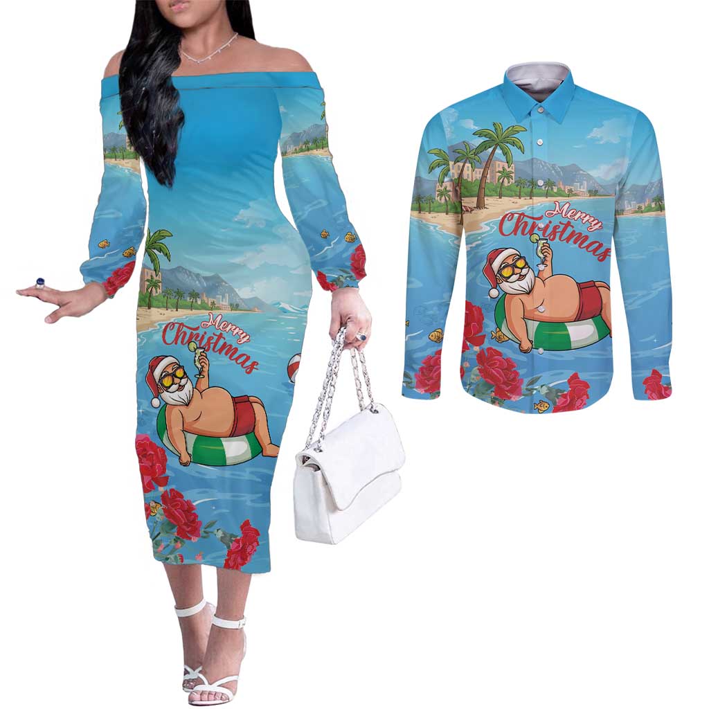 Monaco Christmas Couples Matching Off The Shoulder Long Sleeve Dress and Long Sleeve Button Shirt Swimming Santa Claus - Wonder Print Shop