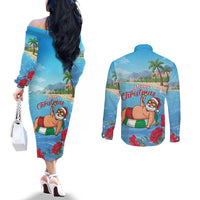Monaco Christmas Couples Matching Off The Shoulder Long Sleeve Dress and Long Sleeve Button Shirt Swimming Santa Claus - Wonder Print Shop