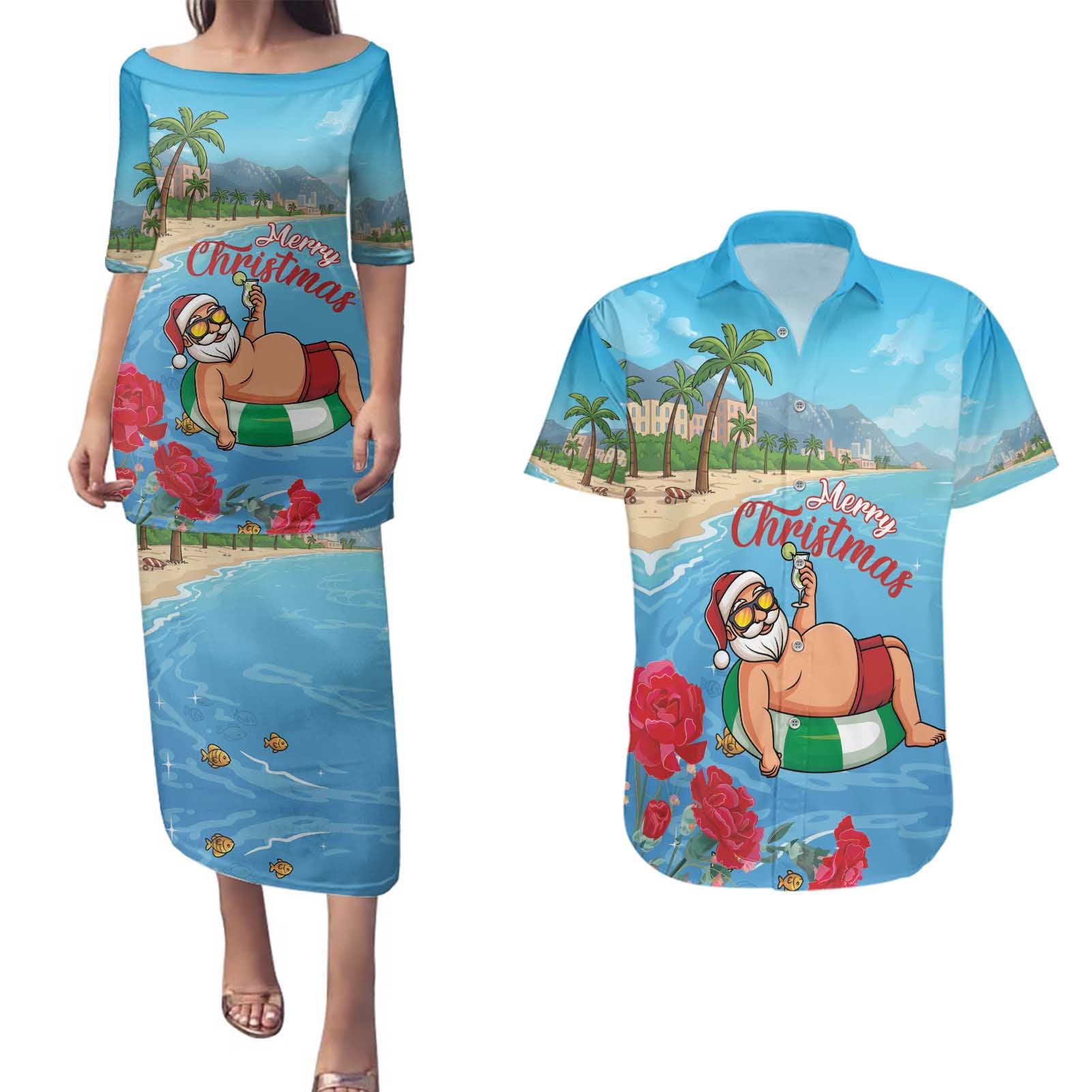 Monaco Christmas Couples Matching Puletasi and Hawaiian Shirt Swimming Santa Claus - Wonder Print Shop