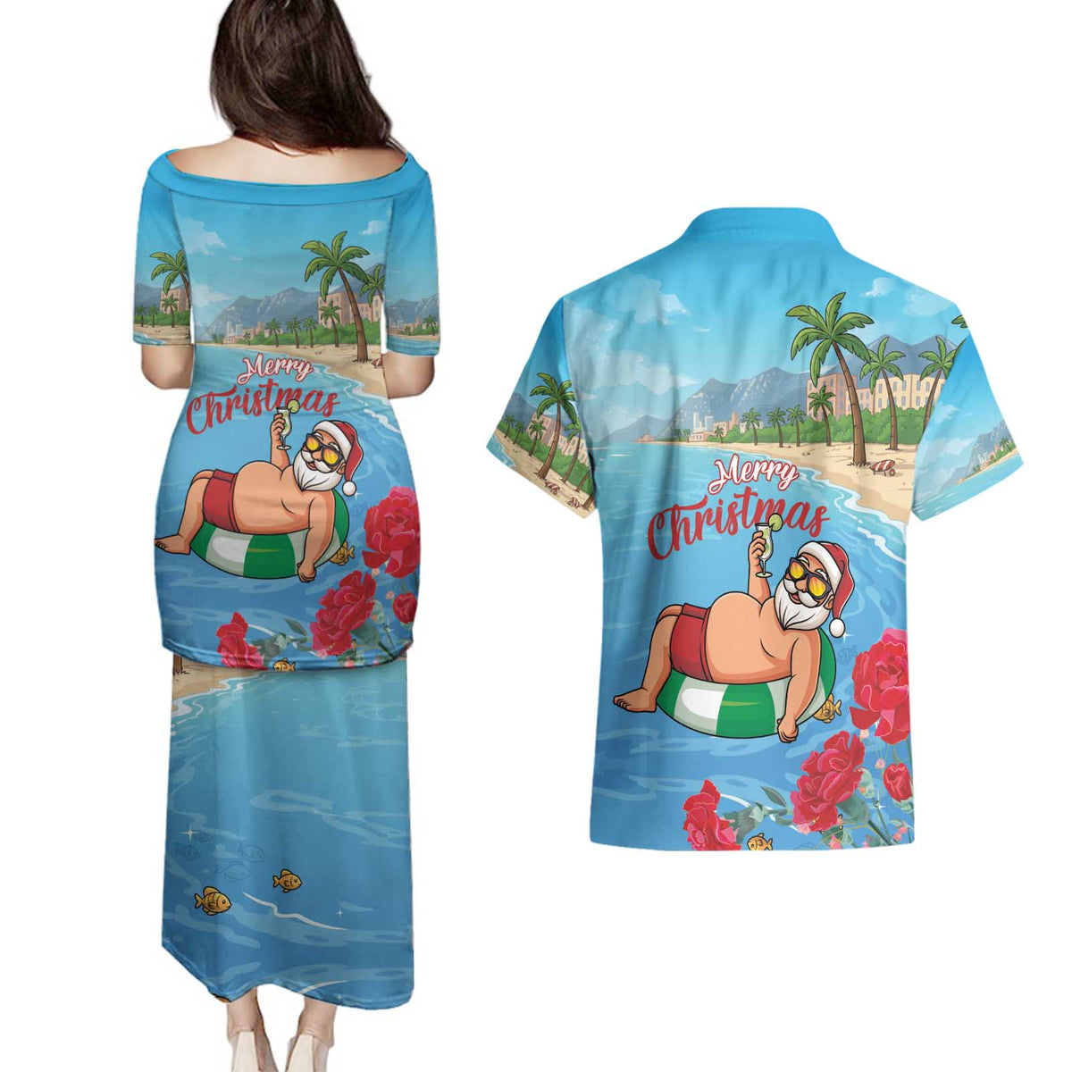 Monaco Christmas Couples Matching Puletasi and Hawaiian Shirt Swimming Santa Claus - Wonder Print Shop