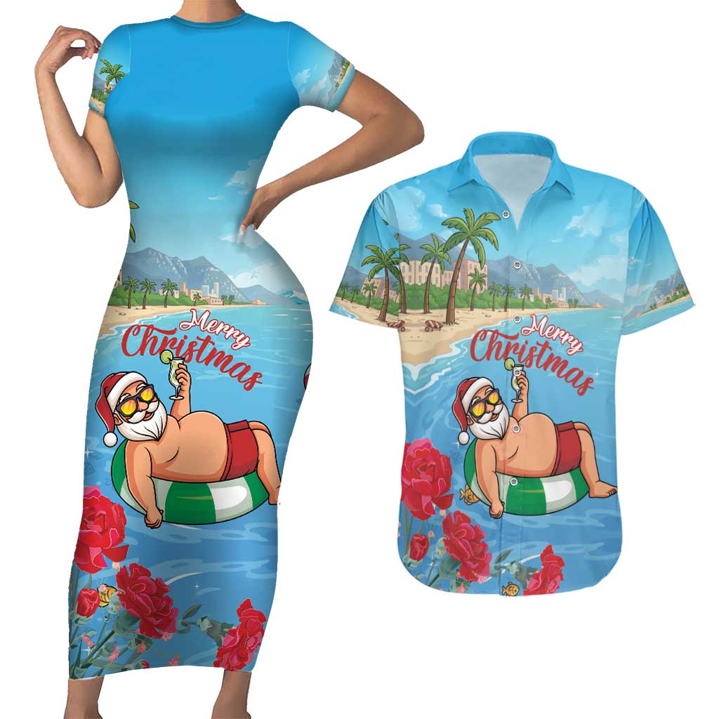 Monaco Christmas Couples Matching Short Sleeve Bodycon Dress and Hawaiian Shirt Swimming Santa Claus - Wonder Print Shop
