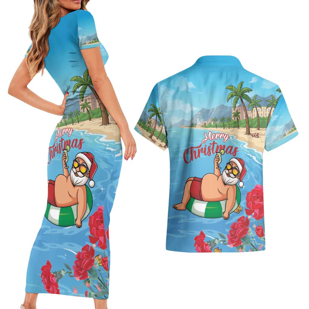 Monaco Christmas Couples Matching Short Sleeve Bodycon Dress and Hawaiian Shirt Swimming Santa Claus - Wonder Print Shop
