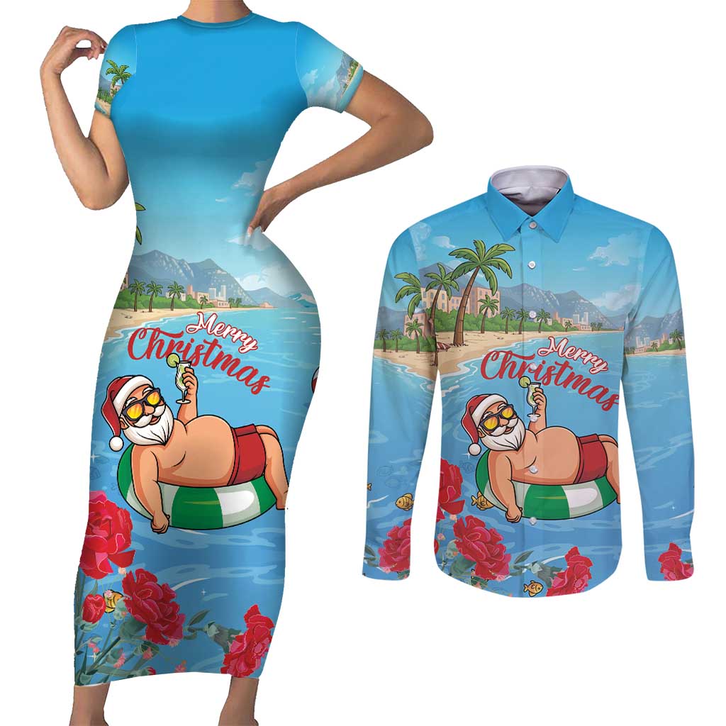 Monaco Christmas Couples Matching Short Sleeve Bodycon Dress and Long Sleeve Button Shirt Swimming Santa Claus - Wonder Print Shop