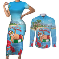 Monaco Christmas Couples Matching Short Sleeve Bodycon Dress and Long Sleeve Button Shirt Swimming Santa Claus - Wonder Print Shop
