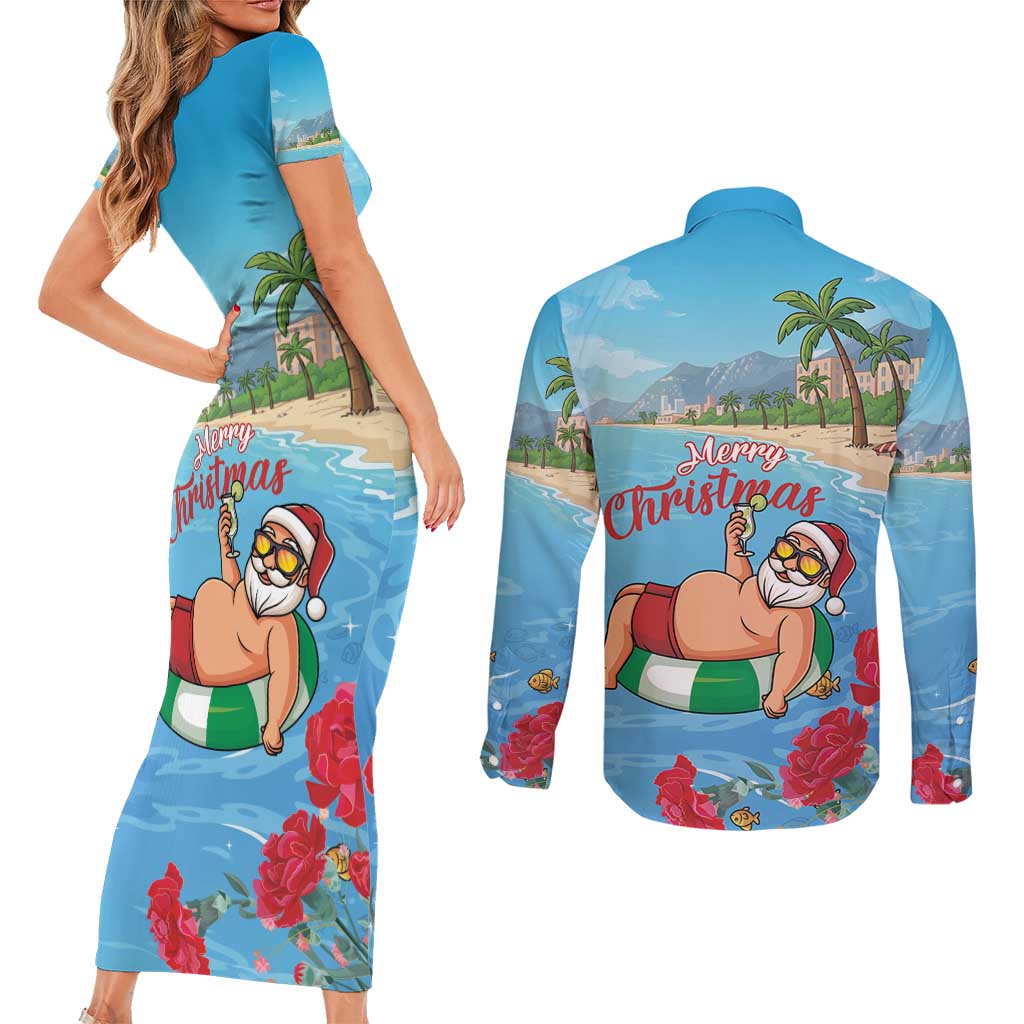 Monaco Christmas Couples Matching Short Sleeve Bodycon Dress and Long Sleeve Button Shirt Swimming Santa Claus - Wonder Print Shop