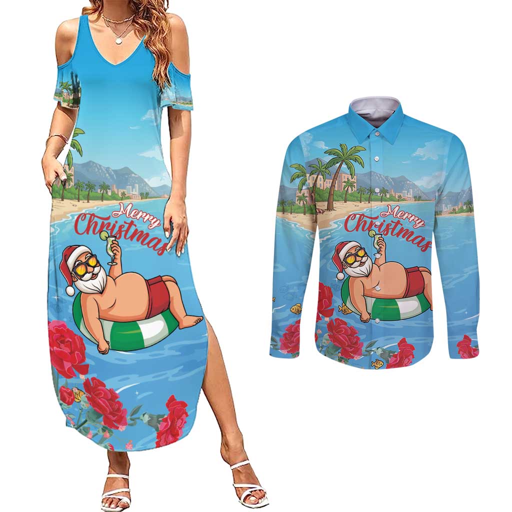 Monaco Christmas Couples Matching Summer Maxi Dress and Long Sleeve Button Shirt Swimming Santa Claus - Wonder Print Shop