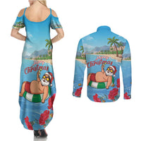 Monaco Christmas Couples Matching Summer Maxi Dress and Long Sleeve Button Shirt Swimming Santa Claus - Wonder Print Shop