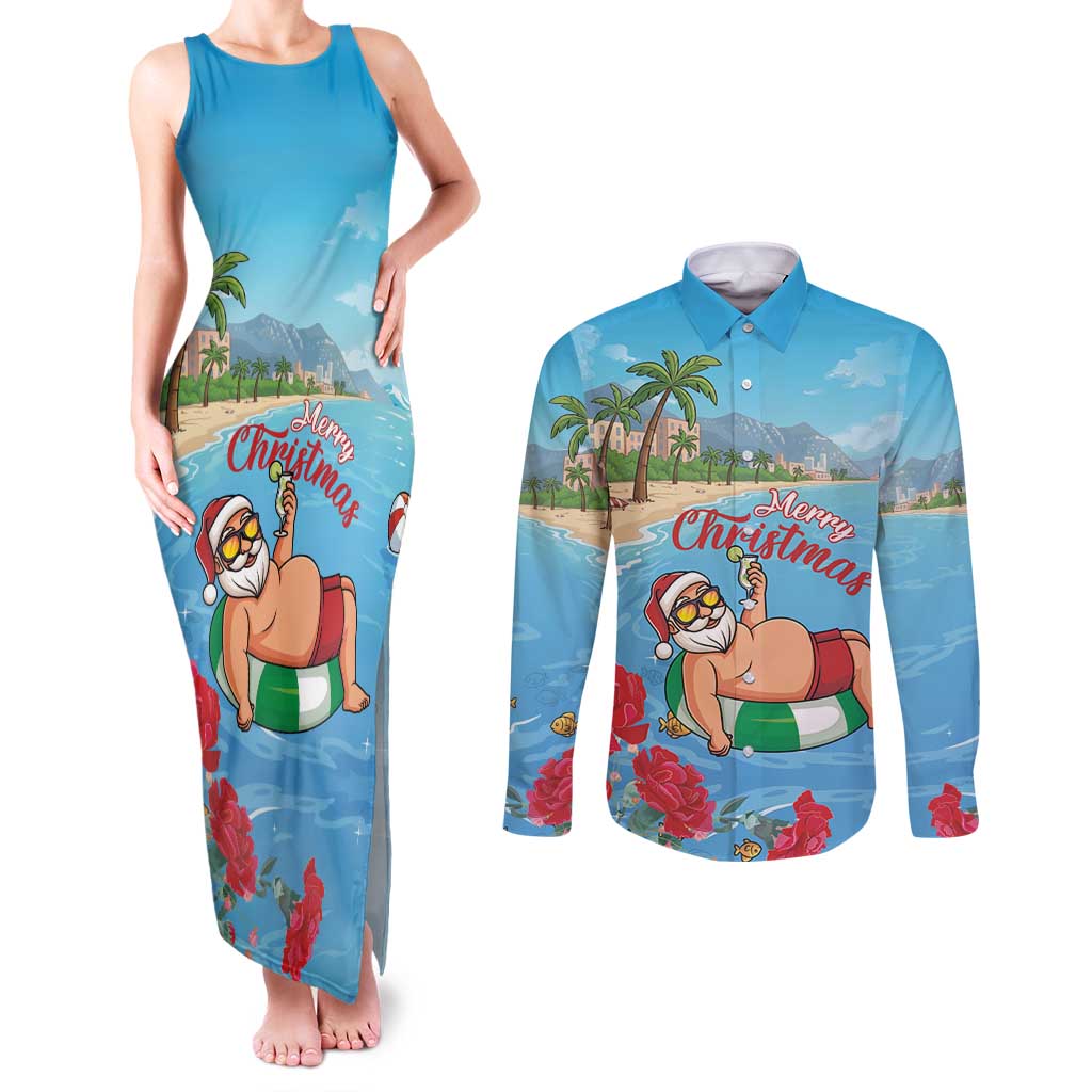 Monaco Christmas Couples Matching Tank Maxi Dress and Long Sleeve Button Shirt Swimming Santa Claus - Wonder Print Shop