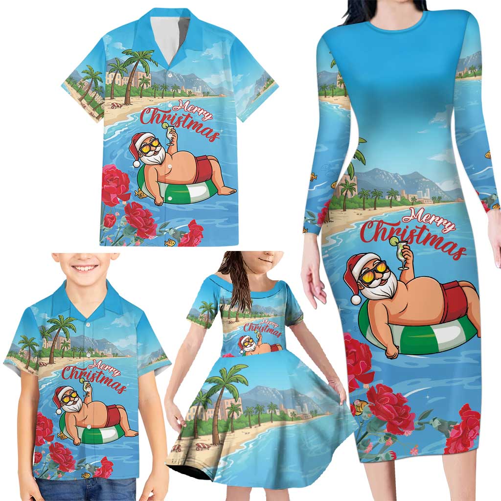 Monaco Christmas Family Matching Long Sleeve Bodycon Dress and Hawaiian Shirt Swimming Santa Claus - Wonder Print Shop
