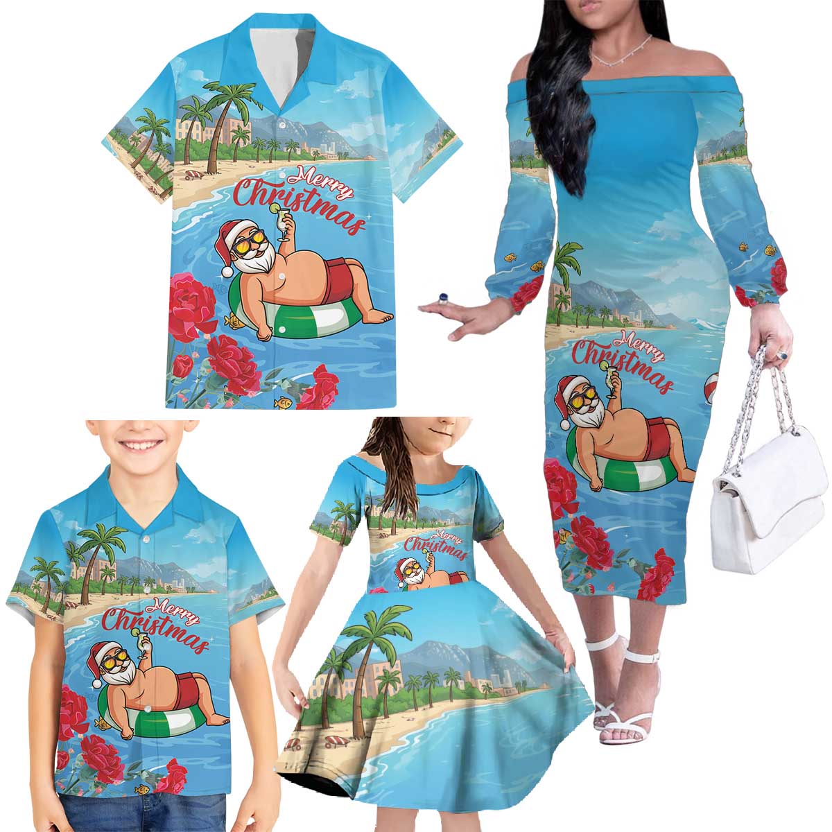 Monaco Christmas Family Matching Off The Shoulder Long Sleeve Dress and Hawaiian Shirt Swimming Santa Claus - Wonder Print Shop