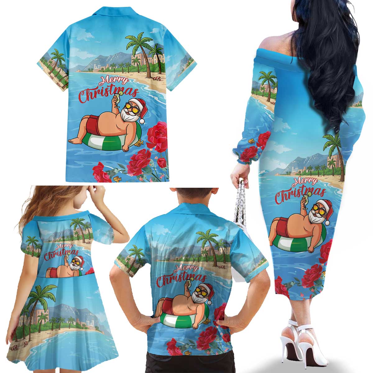 Monaco Christmas Family Matching Off The Shoulder Long Sleeve Dress and Hawaiian Shirt Swimming Santa Claus - Wonder Print Shop