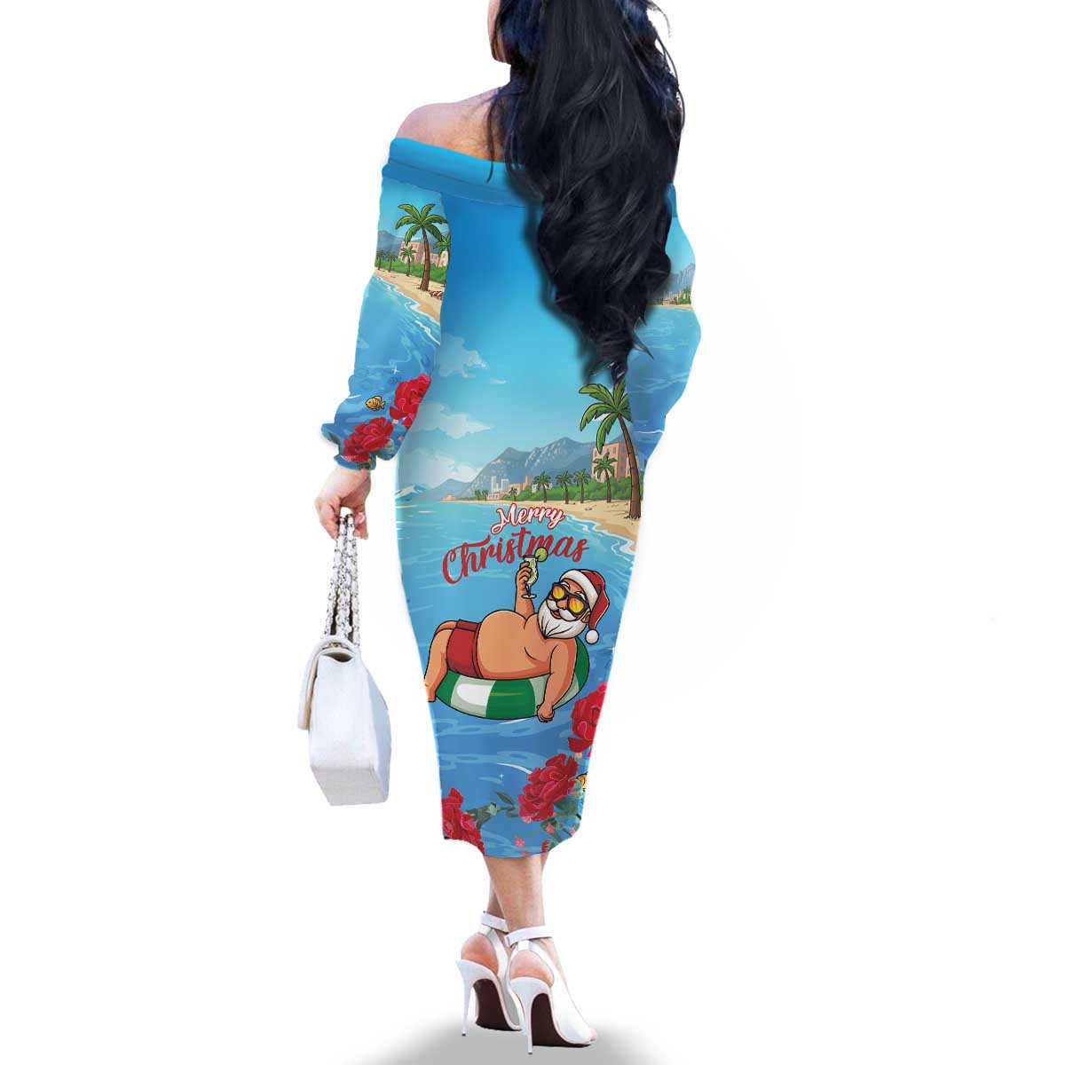 Monaco Christmas Family Matching Off The Shoulder Long Sleeve Dress and Hawaiian Shirt Swimming Santa Claus - Wonder Print Shop