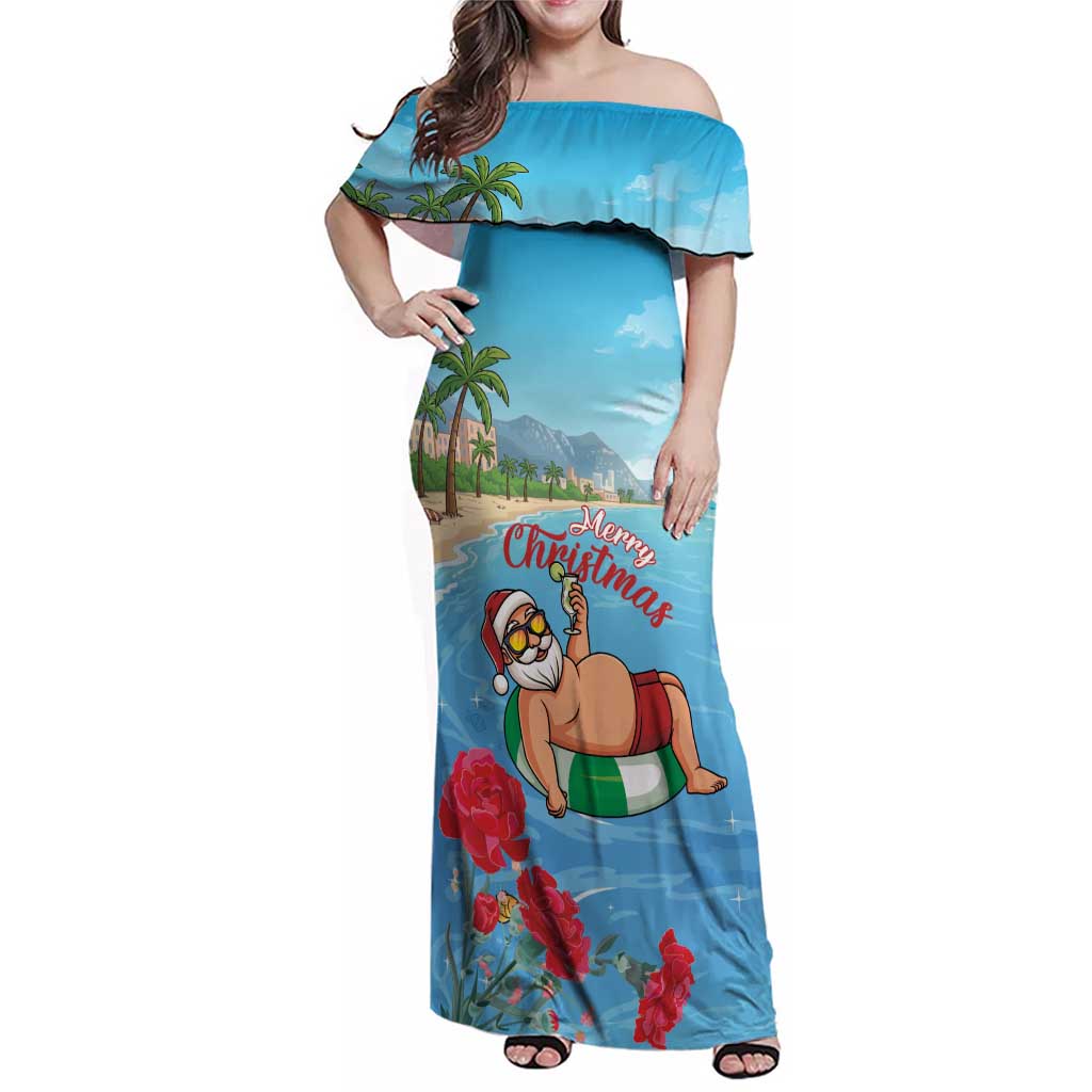 Monaco Christmas Family Matching Off Shoulder Maxi Dress and Hawaiian Shirt Swimming Santa Claus - Wonder Print Shop