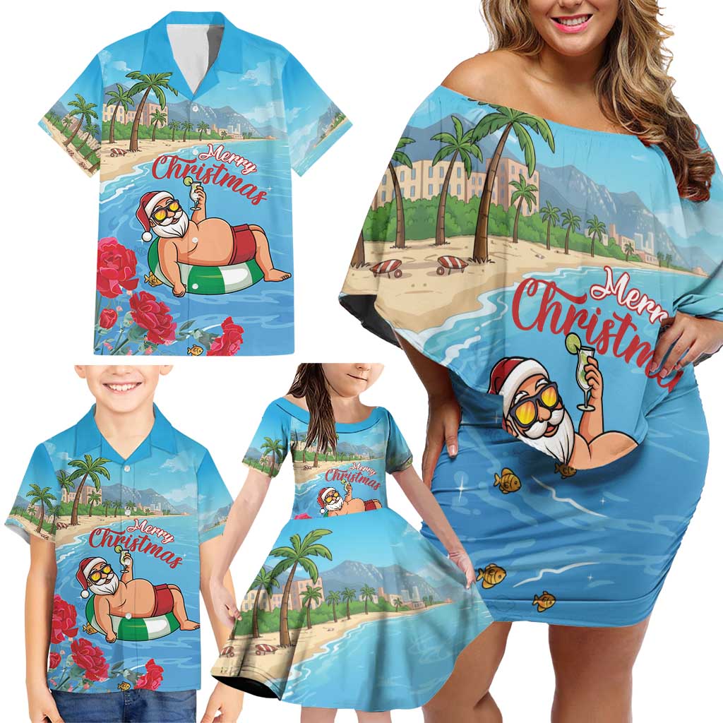 Monaco Christmas Family Matching Off Shoulder Short Dress and Hawaiian Shirt Swimming Santa Claus - Wonder Print Shop