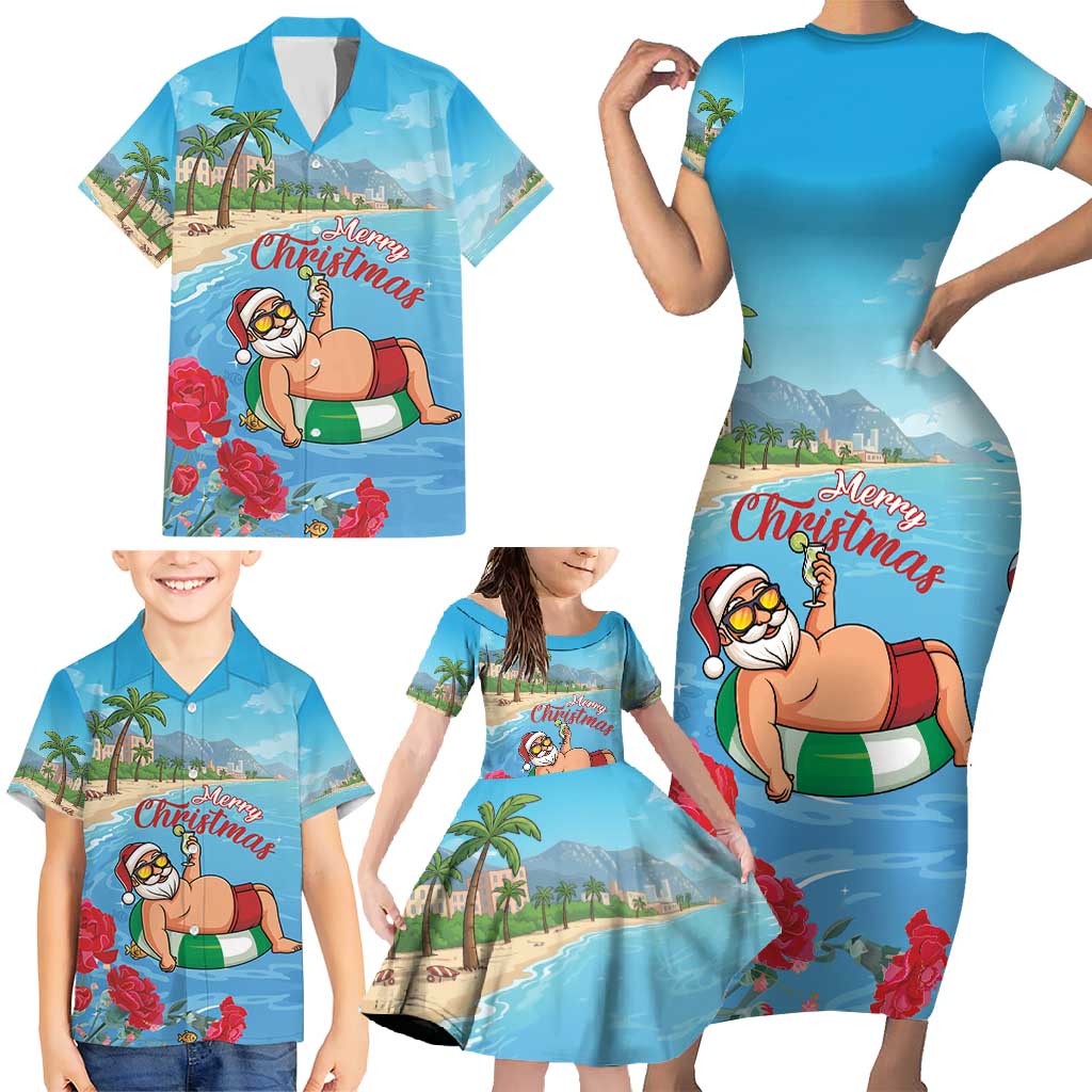 Monaco Christmas Family Matching Short Sleeve Bodycon Dress and Hawaiian Shirt Swimming Santa Claus - Wonder Print Shop