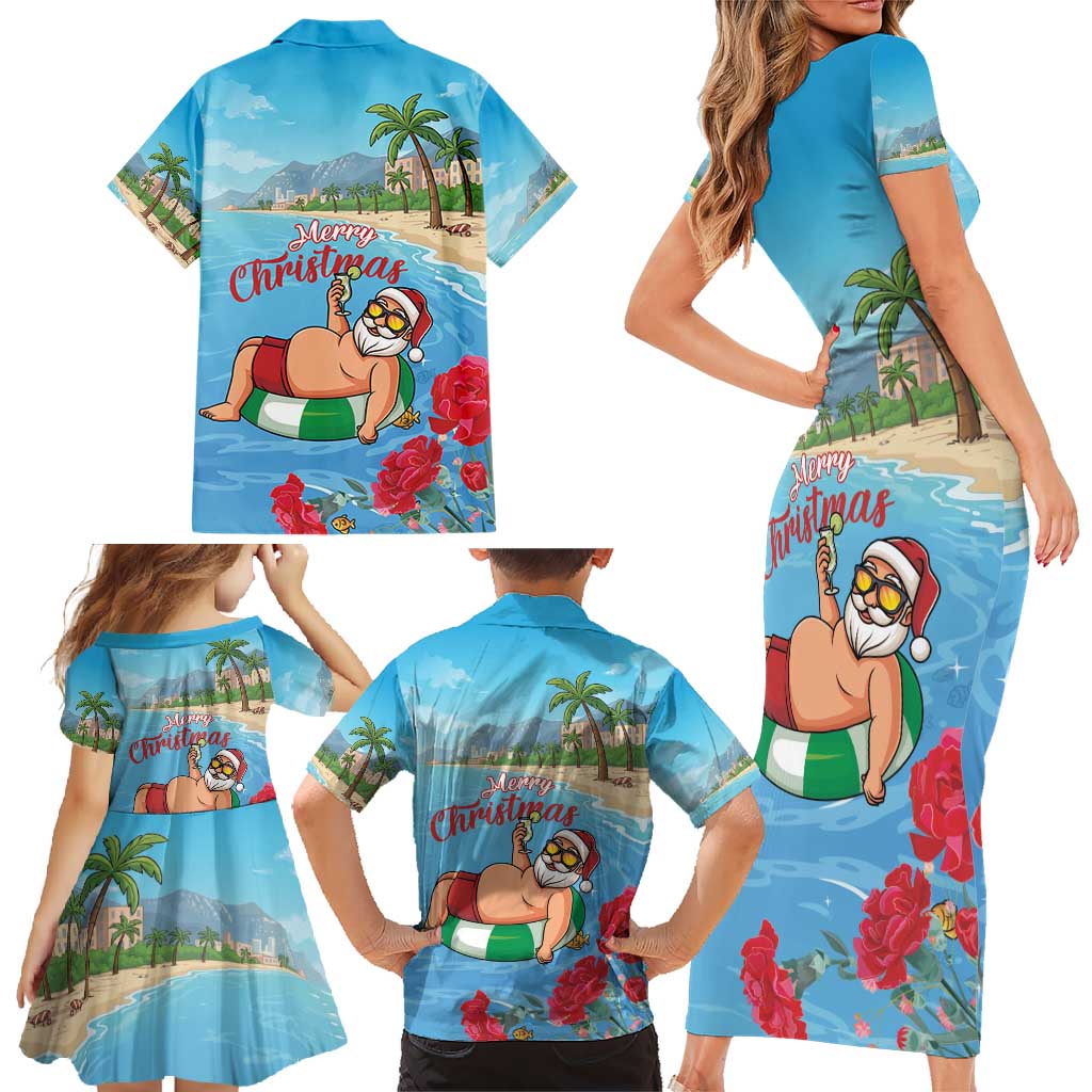 Monaco Christmas Family Matching Short Sleeve Bodycon Dress and Hawaiian Shirt Swimming Santa Claus - Wonder Print Shop
