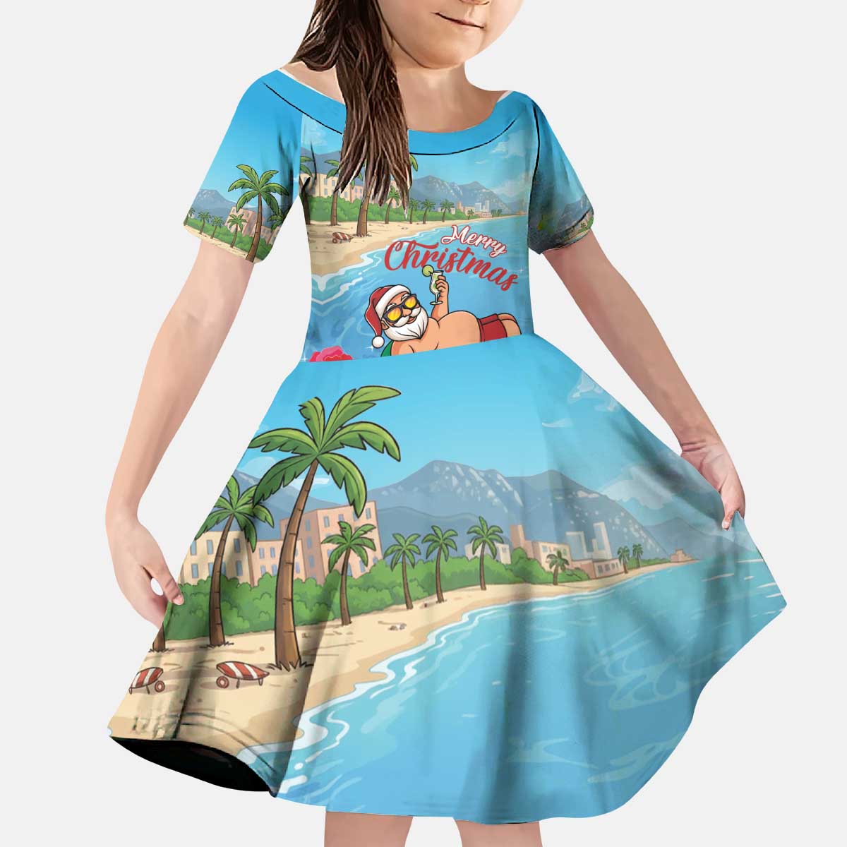Monaco Christmas Kid Short Sleeve Dress Swimming Santa Claus - Wonder Print Shop